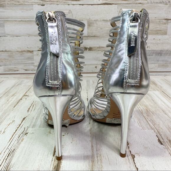 Schutz Margaery Metallic Strappy Sandal Womens Size 6B Silver Stiletto Caged - Picture 7 of 14